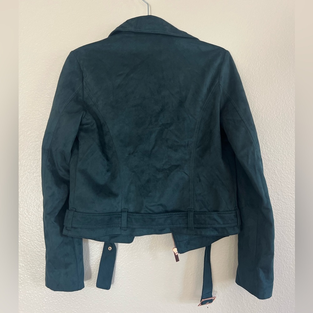 Wildflower Dark Teal Faux Suede Motorcycle Jacket W/ Rose Gold Hardware - Picture 2 of 2